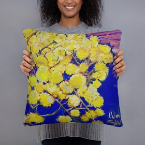 Cushion with mimosa, yellow mimosa, beautiful flowers, yellow flowers, sunrise, expressionism, relaxation, home, living room cushion, design