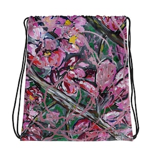 Pink drawstring bag, pink floral backpack, painting backpack, expressionism backpack, rose backpack, painting backpack, art print item