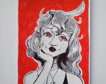 Original affordable art - ink - red lady