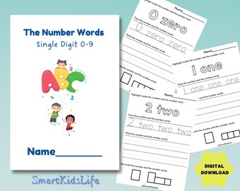 pre k 5 worksheets 0-9 Number Words Zero to Nine Worksheets, Trace and Write, Learning Activity Practice, Matching, Puzzle, Homeschool, Preschool, Kindergarten