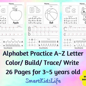 26 Alphabet Worksheets, Upper & lowercase, Preschool, kindergarten, Learning Activity Practice, Letter Trace, build, write, Homeschool