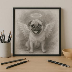 Custom Pug Memorial Portrait – Angel Wings & Halo | Black and White Digital Watercolor Pet Art | Personalized Dog Remembrance Gift