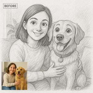 Custom Pet - Owner Portrait – Pixar Style, Watercolor & Pencil Sketch – 3 Digital Art Styles in 1 Order