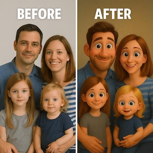 Custom Pixar Style Portrait – Digital Download | Before & After Transformation | Family, Couple, Pet or Wedding Portrait