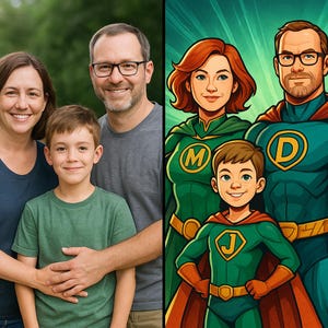 Superhero Family Portrait – Custom Digital Art from Photo, Personalized Comic Style Gift, Unlimited Revisions