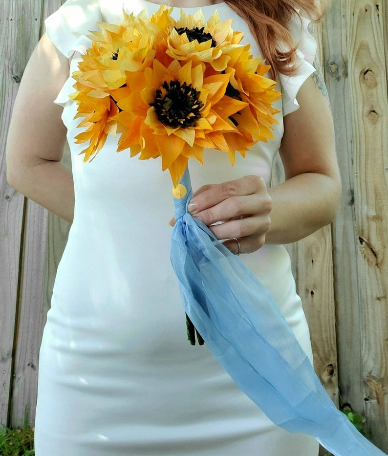 Sunflowers Summer Love Wedding Ceremony Floral Arrangements Set Bouquet and Pin Boutonniere Silk Ribbon Hand Made Crepe Paper Flowers