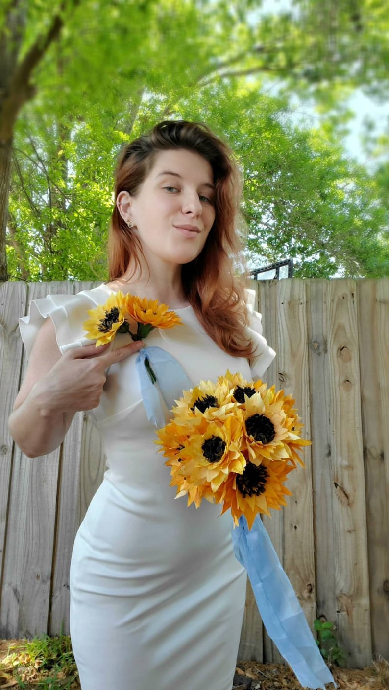 Sunflowers Summer Love Wedding Ceremony Floral Arrangements Set Bouquet and Pin Boutonniere Silk Ribbon Hand Made Crepe Paper Flowers
