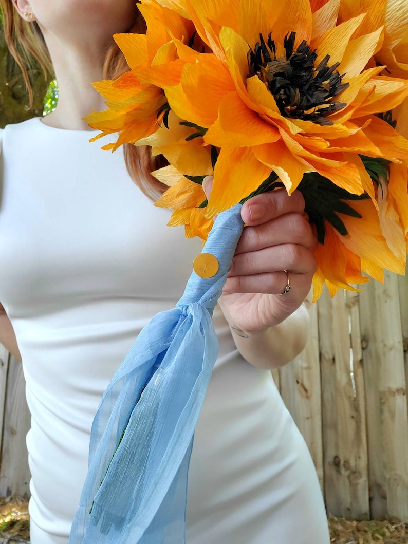 Sunflowers Summer Love Wedding Ceremony Floral Arrangements Set Bouquet and Pin Boutonniere Silk Ribbon Hand Made Crepe Paper Flowers