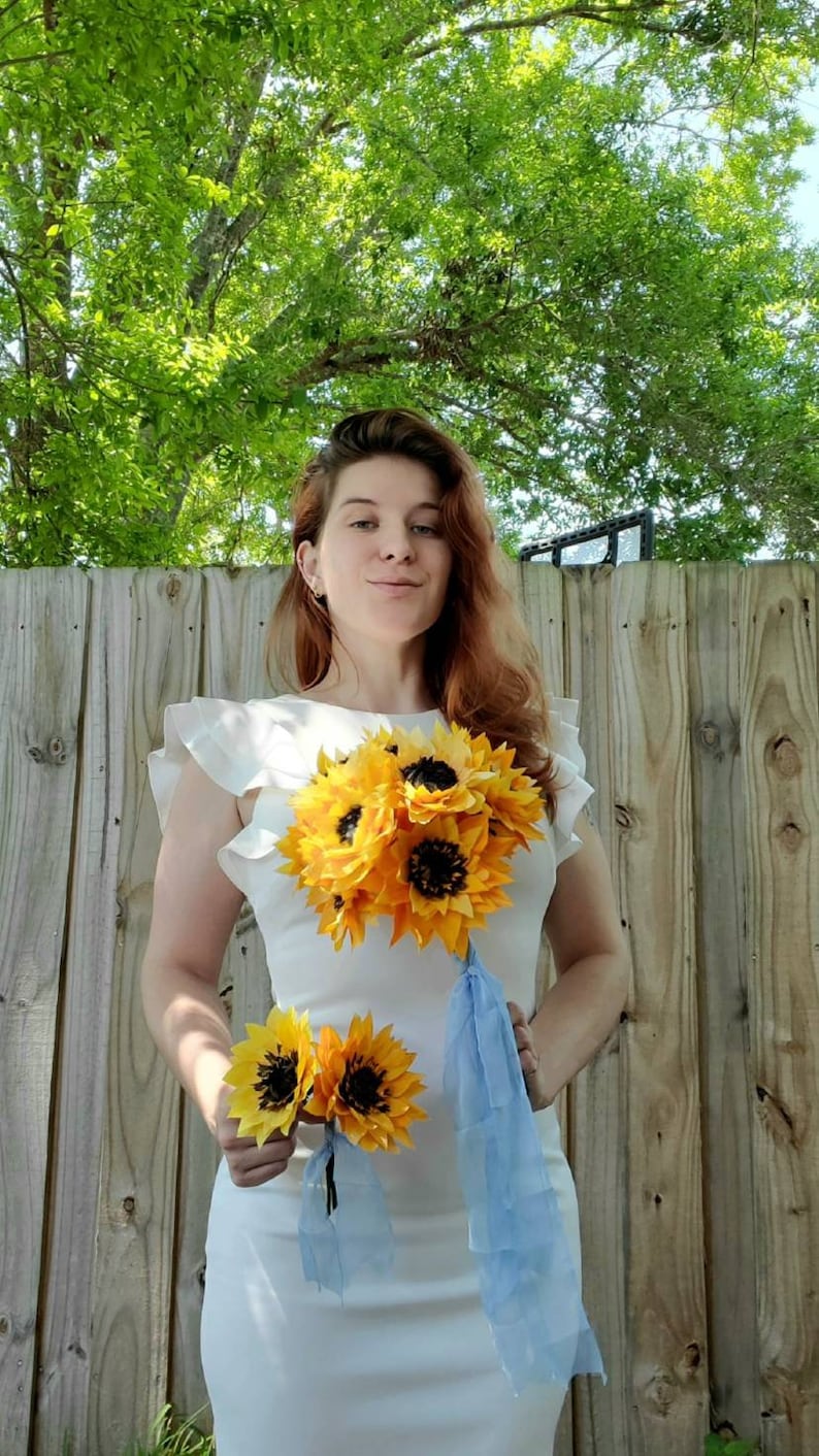 Sunflowers Summer Love Wedding Ceremony Floral Arrangements Set Bouquet and Pin Boutonniere Silk Ribbon Hand Made Crepe Paper Flowers