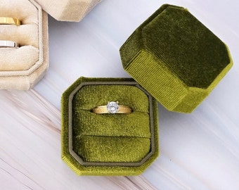 Army Green Velvet Ring Box, Square-Octagon Bridal Photo Slot Engagement Wedding Ring Box, Keepsake Box, Ring Bearer Gift, Jewelry Storage