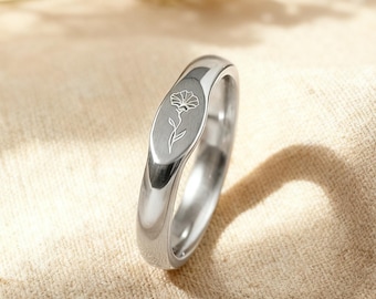 Custom Birth Flower Ring, Dainty Stacking Ring, Personalized Skinny Ring, Bridesmaid Gift, Minimalist Jewelry, Custom Name or Flower Band