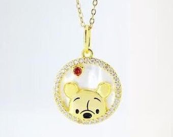 Winnie the Pooh Necklace 18k Gold, Sterling Silver Winnie Pooh Necklace, Teddy Necklace, Dainty Bear Necklace, Pearl Shell Pendant