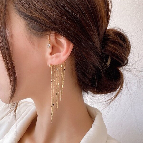 Long Tassel Earrings, Wrap Crawler Hook Earrings, Ear Cuffs, Crystal Pave Fringe Earrings, Tassel Wrap Earrings, Earrings for Women Girls