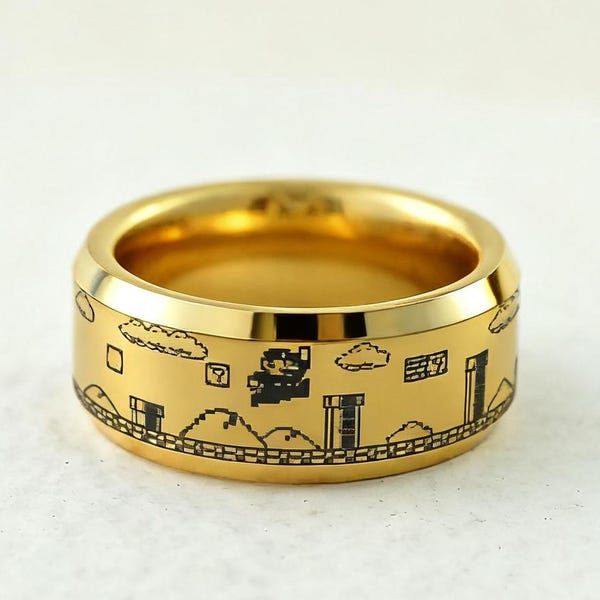 Retro Gamer Ring, Pixel Plumber Game Jewelry, Custom Engraved Arcade Style Band, Personalized Gift for Video Game Fans
