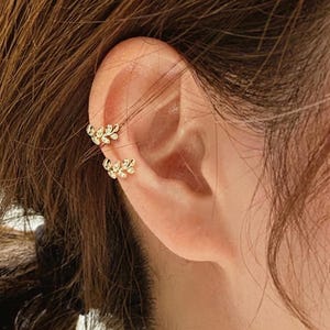 Gold Leaf Ear Cuff No Piercing, Olive Branch Cartilage Earring, Dainty Botanical Ear Cuff, Fake Conch Piercing Hoop, Nature Inspired Gift image 1