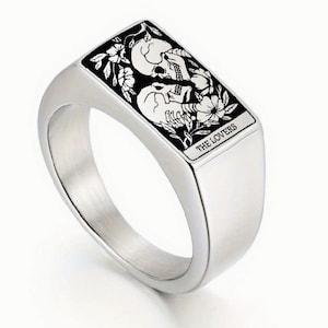 Anillo con sello de la carta del tarot de los amantes, anillo de esqueleto para el meñique, joyería de calaveras para hombres