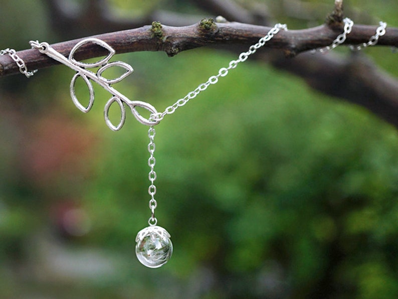 Branch Pendant Botanical Necklace Glass Orb Nature Gift Lariat Necklace Terrarium Necklace Dandelion Necklace with Silver Branch Charm