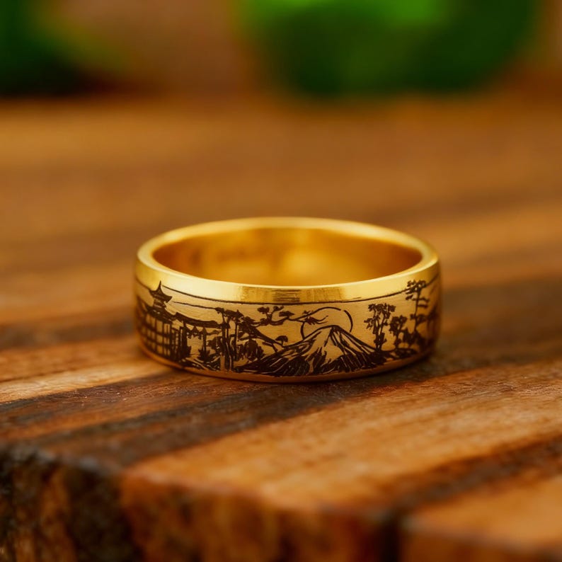 Feudal Japan Scene Ring, Old Japan Scene Tungsten Ring, Nihon Japanese ...
