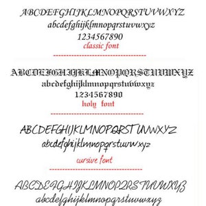 May include: A graphic showing different font styles, including standard, classic, holy, cursive, kaufmann, and old london. Each font style is displayed with uppercase and lowercase letters, as well as numbers.