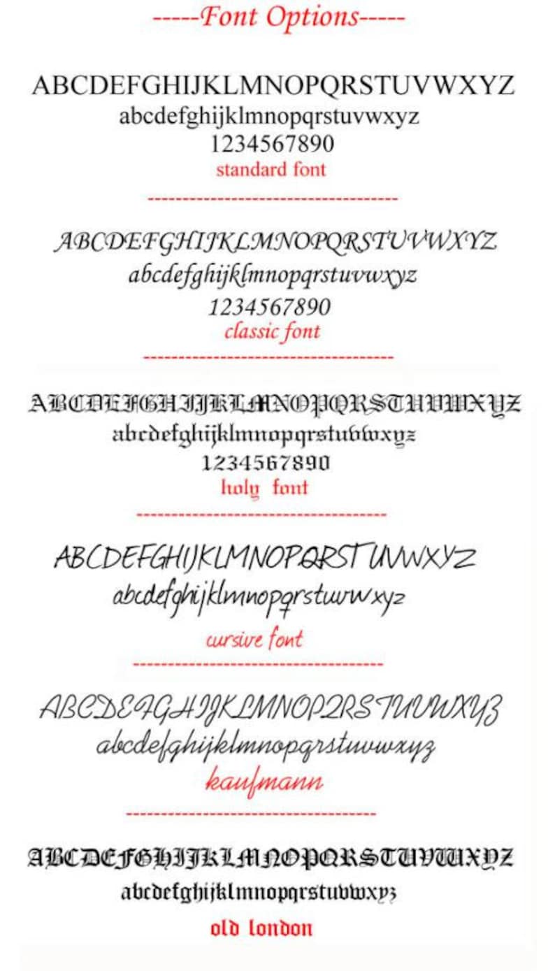 May include: A graphic showing different font styles, including standard, classic, holy, cursive, kaufmann, and old london. Each font style is displayed with uppercase and lowercase letters, as well as numbers.
