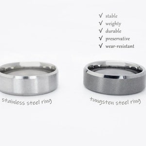 May include: Two men's rings, one made of stainless steel and the other made of tungsten steel. Both rings are silver in color and have a brushed finish.