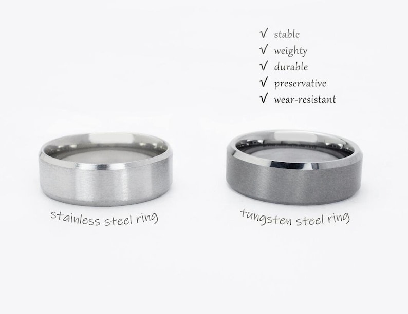 May include: Two men's rings, one made of stainless steel and the other made of tungsten steel. Both rings are silver in color and have a brushed finish.