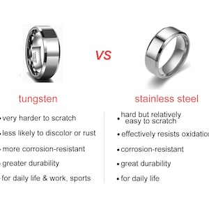 May include: A side-by-side comparison of tungsten and stainless steel rings. The tungsten ring is on the left and the stainless steel ring is on the right. Both rings are silver in color and have a polished finish. The text below the rings lists the pros and cons of each metal.