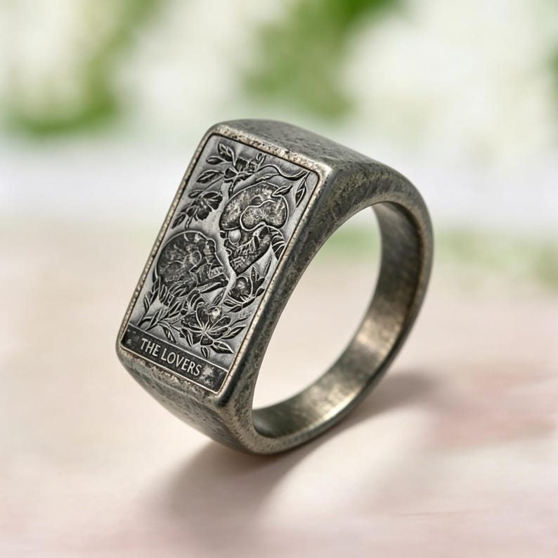 Tarot Card Signet Ring for Men, Gothic Engraved Ring, Mystical Fortune Symbol Jewelry, Occult Gift for Him Black Gun