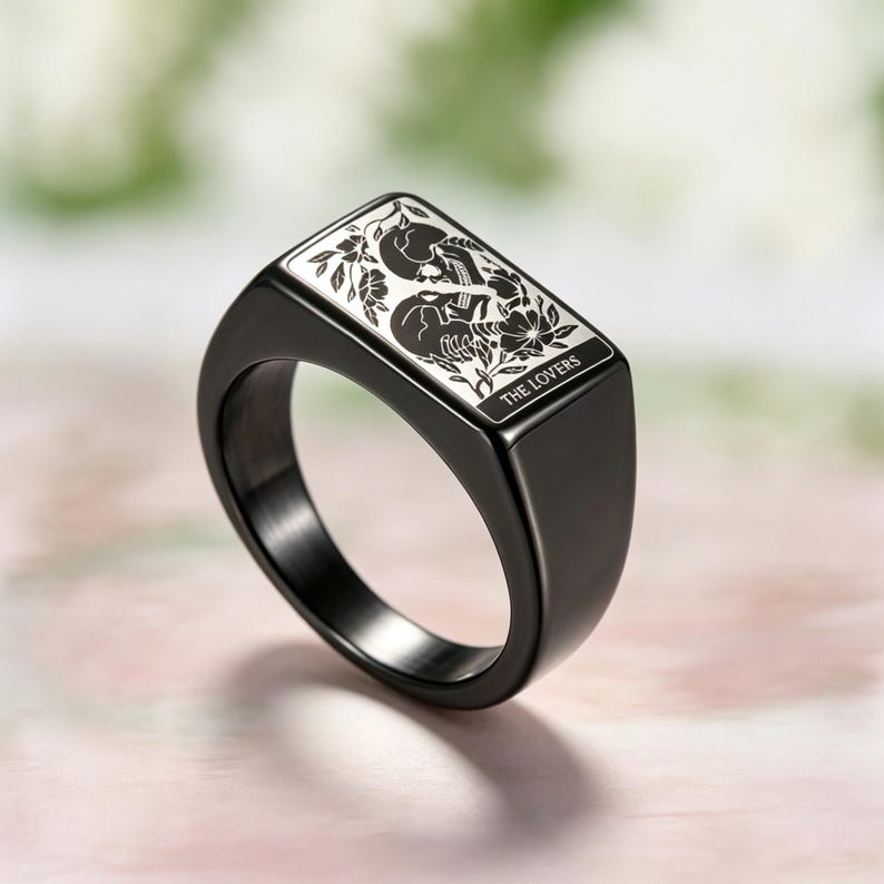 Tarot Card Signet Ring for Men, Gothic Engraved Ring, Mystical Fortune Symbol Jewelry, Occult Gift for Him Black