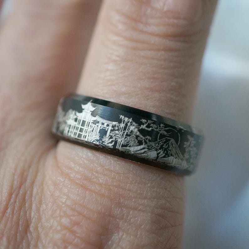 Feudal Japan Scene Ring, Old Japan Scene Tungsten Ring, Nihon Japanese ...