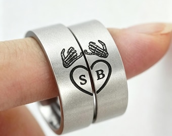 Pinky Promise Couple Rings, Skeleton Hands Pinky Swear Initial Ring Couple Set, Custom Engraved Engagement Ring Friendship Long Distance