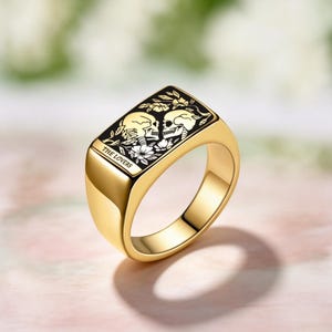 Tarot Card Signet Ring for Men, Gothic Engraved Ring, Mystical Fortune Symbol Jewelry, Occult Gift for Him Gold