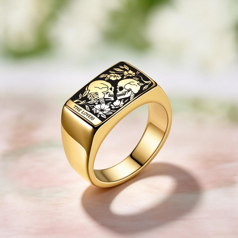 Tarot Card Signet Ring for Men, Gothic Engraved Ring, Mystical Fortune Symbol Jewelry, Occult Gift for Him Gold