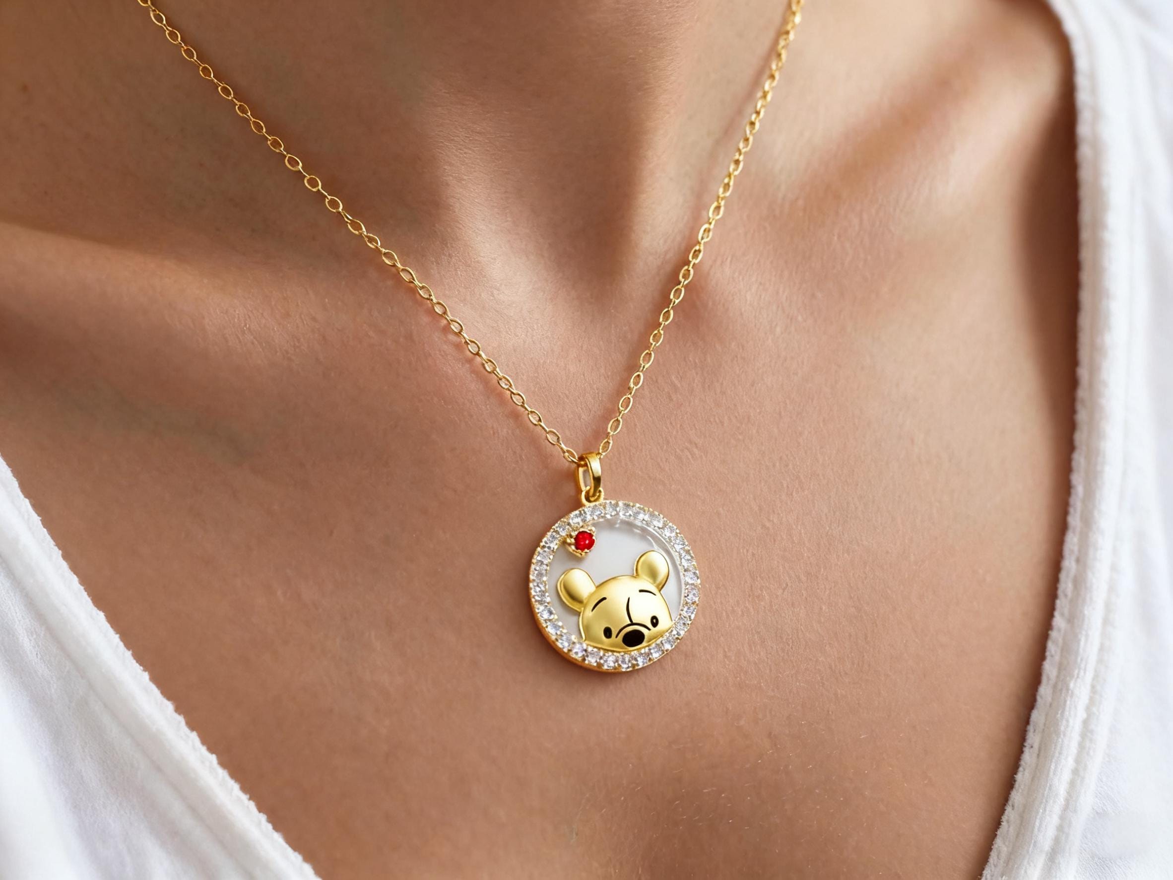 くまのプーさんネックレス 18Kゴールド、スターリングシルバー くまの 