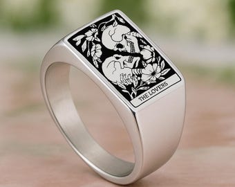 The Lovers Tarot Card Signet Ring, Memento Mori Gothic Jewelry, Skeleton Couple Pinky Ring, Skull Jewelry For Men