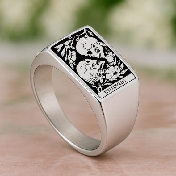 The Lovers Tarot Card Signet Ring, Memento Mori Gothic Jewelry