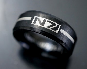 Mass Effect Ring, N7 Ring, Video Game Jewelry, IP Beveled Edge Tungsten Ring