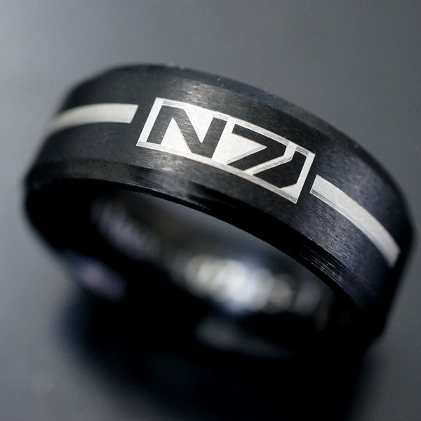 Mass Effect Ring, N7 Ring, Video Game Jewelry, IP Beveled Edge Tungsten Ring