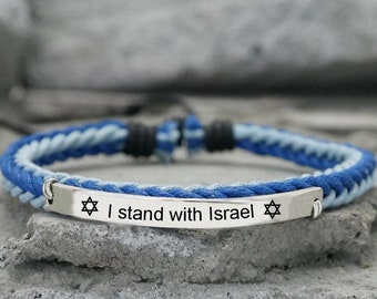 I Stand With Israel Bracelet, Jewish Bracelet, Teal& Light Blue Cord Braided Cuff