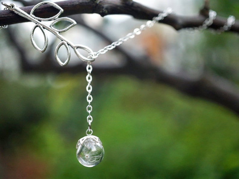 Branch Pendant Botanical Necklace Glass Orb Nature Gift Lariat Necklace Terrarium Necklace Dandelion Necklace with Silver Branch Charm