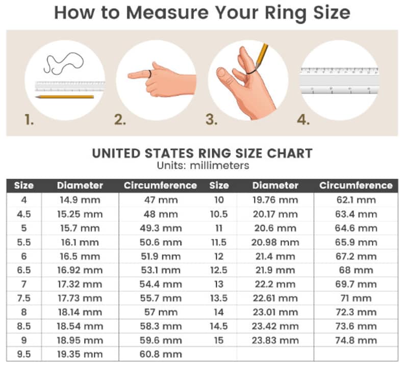May include: A chart showing how to measure your ring size in the United States. The chart includes ring sizes 4 to 15, with corresponding diameters and circumferences in millimeters.