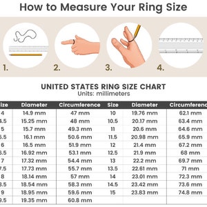 May include: A chart showing how to measure your ring size in the United States. The chart includes ring sizes 4 to 15, with corresponding diameters and circumferences in millimeters.