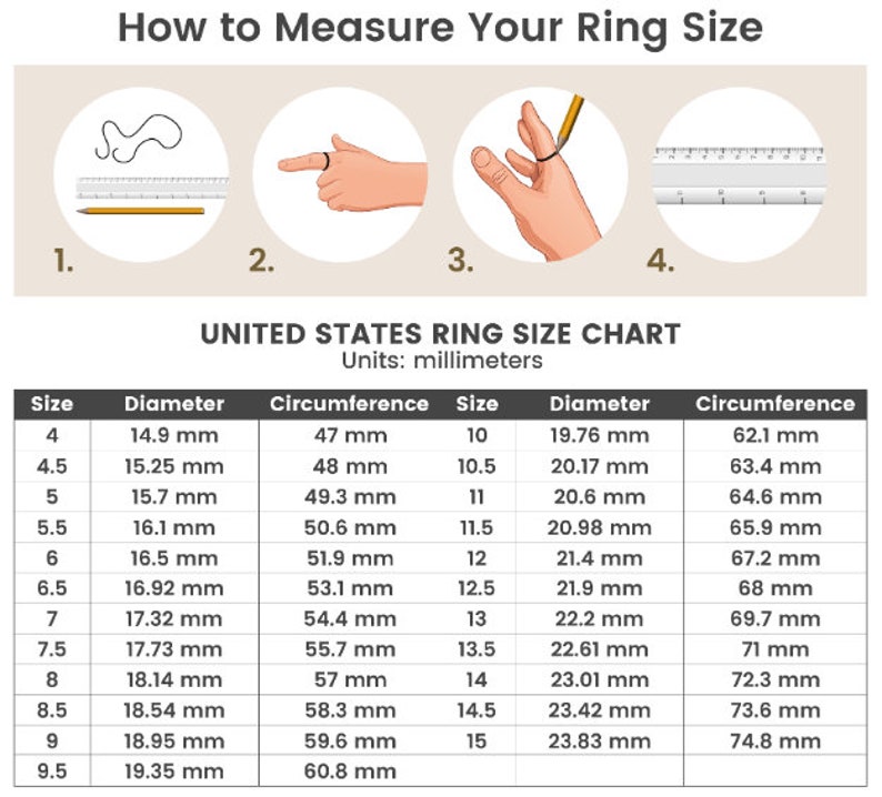 May include: A chart showing how to measure your ring size in the United States. The chart includes ring sizes 4 to 15, with corresponding diameters and circumferences in millimeters.
