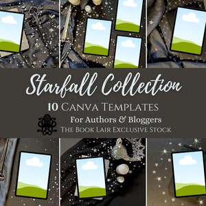 Puede incluir: Diez plantillas de Canva para autores y blogueros, con un fondo negro con un efecto de cielo estrellado y una tableta digital con una imagen de paisaje. El texto "Starfall Collection" y "The Book Lair Exclusive Stock" también es visible.