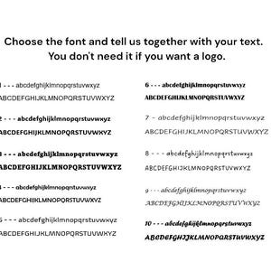 May include: A graphic showing 10 different font styles with the alphabet in lowercase and uppercase. The text reads "Choose the font and tell us together with your text. You don't need it if you want a logo."