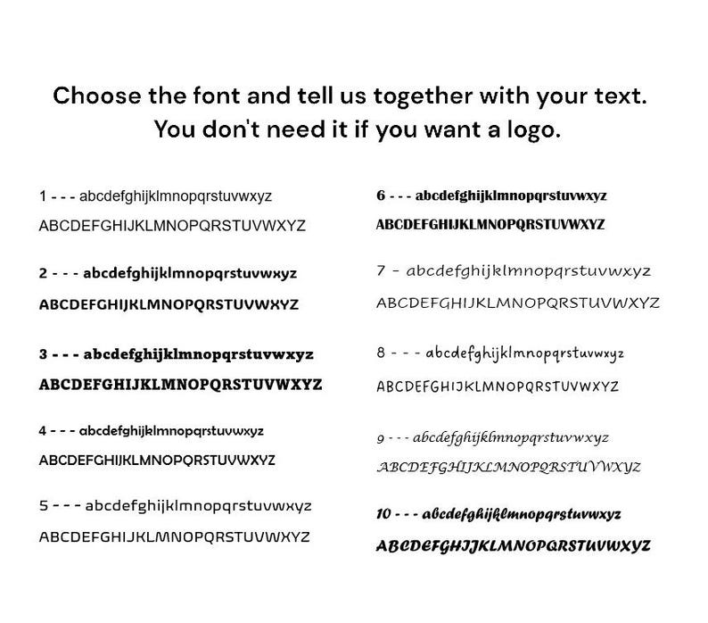 May include: A graphic showing 10 different font styles with the alphabet in lowercase and uppercase. The text reads "Choose the font and tell us together with your text. You don't need it if you want a logo."