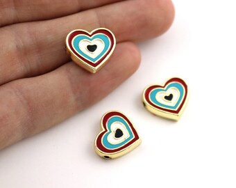 24k Shiny Gold Plated Enamel Heart Beads, Heart Charms, Heart Bracelet Connector, Gold Plated Enamel Jewelry Supplies, (15x16 mm) M1142