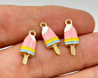 Gold Plated Ice Cream Charm, 3D Simulated Charms, Enamel Ice Cream Charm, DIY Necklace Bracelet Supplies, Jewelry Making Accessories