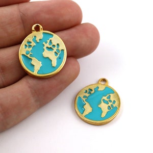 21 mm 24k Shiny Gold Plated World Map Charms, Earth Pendant, Enamel World Charms, Eye Earring, Gold Plated Enamel Jewelry Supplies, M1090