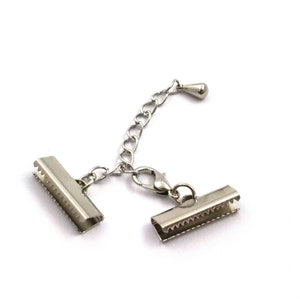Ribbon Crimp End Set With Extender Chain, 6x19 mm Silver Color Brass Ribbon Crimp, Ribbon Fasteners, Ribbon Ends, Findings, Ribbon Connector
